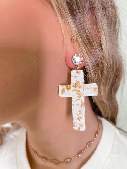 Pink Panache White Cross Earrings with Gold Flakes and AB Cushion Cut Post-Earrings-Pink Panache-05/19/24, 1st md, FD OCT312022-The Twisted Chandelier